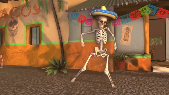 Skeletons dancing salsa in a mexican village