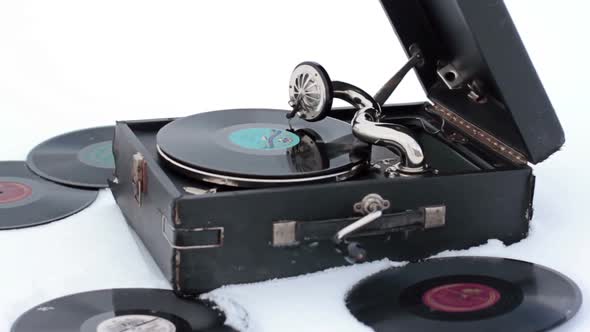 Old Gramophone Record Playing In The Snow 1