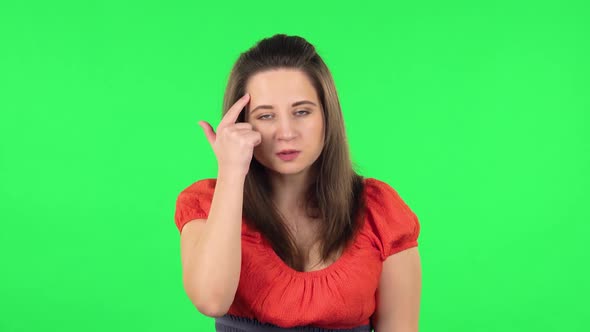 Portrait of Angry Girl Is Waving Her Hands in Indignation, Shrugs. Green Screen