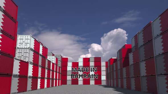 Many Cargo Containers with MADE IN BAHRAIN Text
