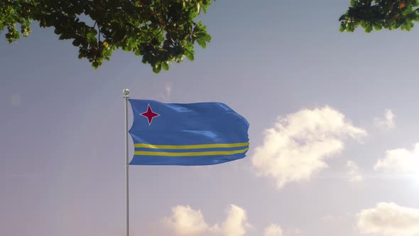 Aruba Flag With  Modern City 