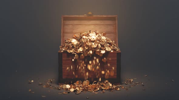 The wood chest is opening and exploding of golden coins. A precious treasure.