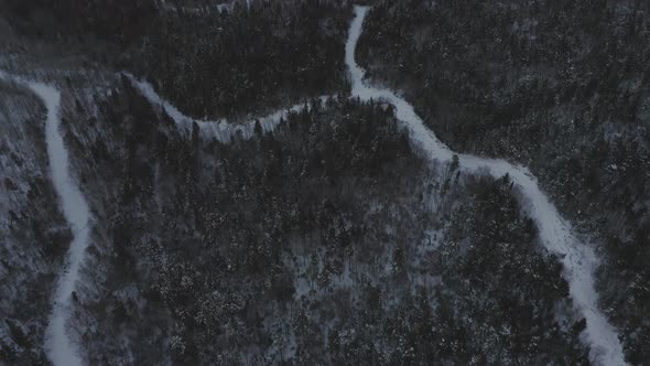 Old ski trails winding down the side of a mountain TILT UP to reveal frozen lake in the distance AER