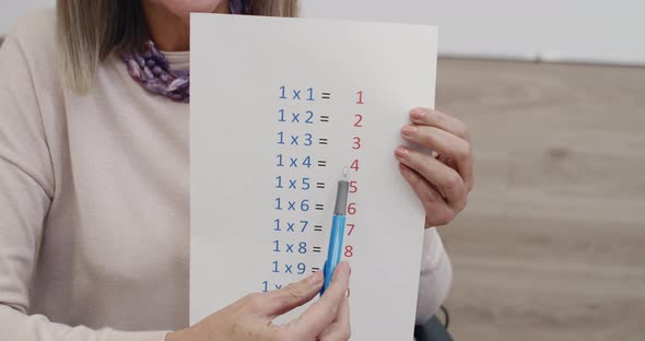 Crop View of Teacher Holding and Showing Multiplication Table While Having Online Lesson