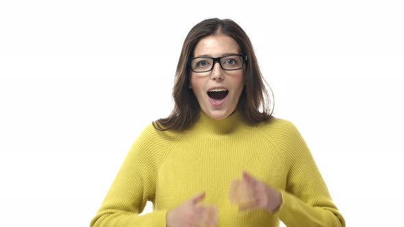 Slowmotion Fascinated and Impressed Excited Brunette Woman in Glasses Open Mouth Astonished Gasping