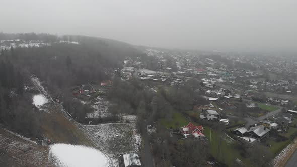 Sleepy Villa Neighborhood Misty Winter Day Aerial