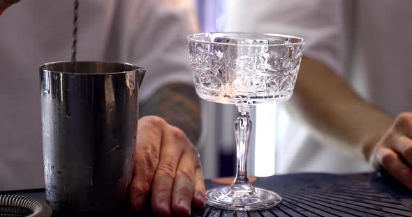 The Bartender Mixes the Ingredients in a Cocktail Shaker