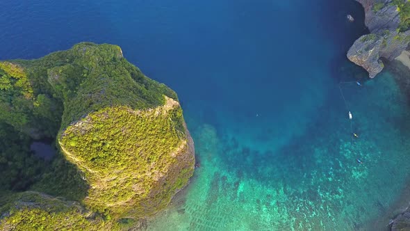 Aerial view of Phi Phi, Maya beach at sunset with Andaman sea in Phuket. Thailand