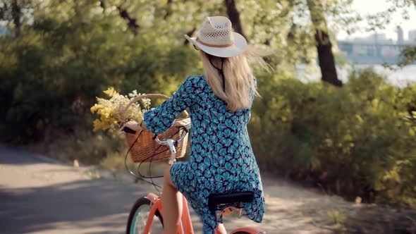 Cyclist Happy Woman On Bicycle. Vacation Holiday Fun Sport Recreation. Handsome Female Cycling  Bike