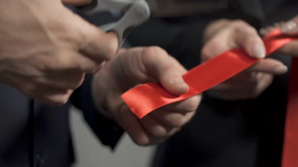 Top Manager Cutting Red Ribbon, Shaking Hands With Partner, Project Cooperation