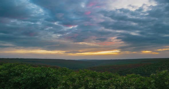 Time lapse: sunset dramatic sky over rubber cashew trees industrial plantation 