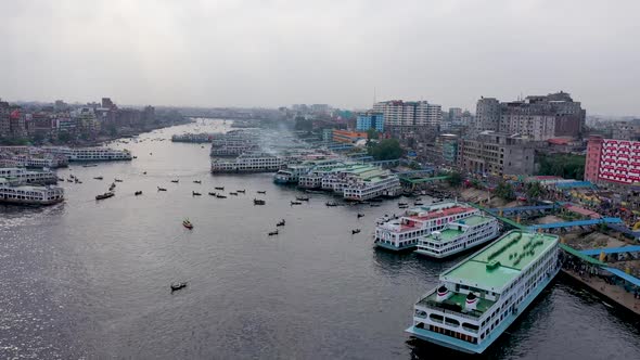 Aerial view of a busy wharf along Buriganga river, Bangladesh.