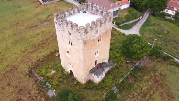 Aerial View of a Medieval Tower in Valdenoceda, Burgos, Spain. Ancient XIV Century Tower in Burgos