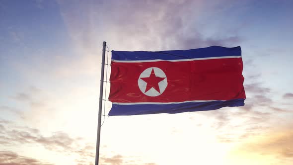 North Korea Flag Waving in the Wind Dramatic Sky Background