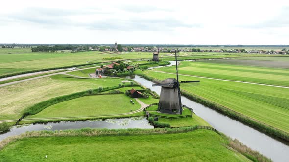 Idyllic Old Dutch Historic Traditional Windmill Aerial Drone Overhead Overview