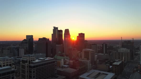 sunset over minneapolis downtown aerial view