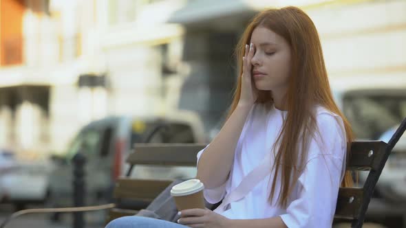 Tired Girl Drinking Fresh Coffee Feeling Surge of Strength and Energy, Ritual