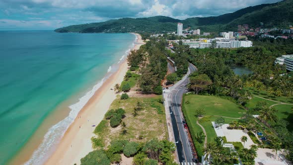 Aerial Drone View of Phuket Beach Sea Sand Hotels and Resorts