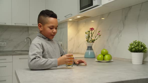 Lovely Black Boy Enjoying Taste of Organic Vitamin Drink Indoors