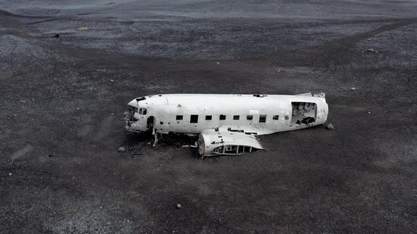 Aerial of an Abandoned Crashed Plane Wreckage on Solheimasandur Beach Iceland