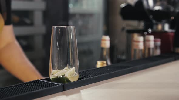 The Bartender Making Cocktail Mojito in a Nightclub Bar Shot with Smoke Machine Professional Modern