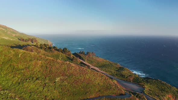 Drone Flying Above Highway at Scenic Rocky Pacific Ocean Coast, California