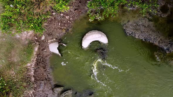 Aerial view rubbish tire at the river