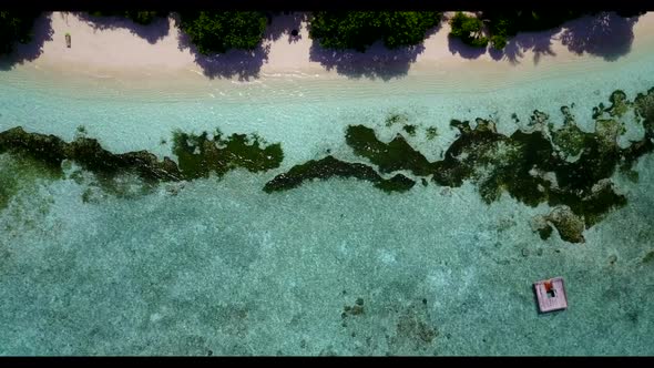 Aerial texture of beautiful shore beach lifestyle by turquoise sea with white sandy background of a 