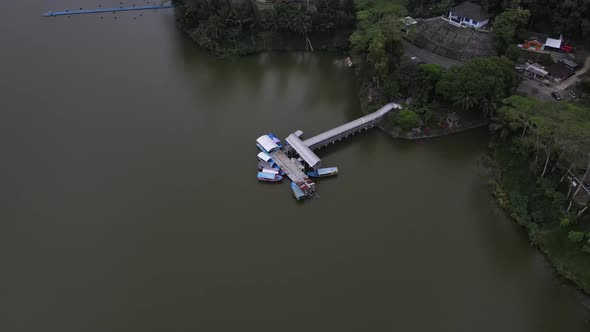 Aerial view of the Sermo reservoir in the late afternoon, the largest reservoir in Yogyakarta and th