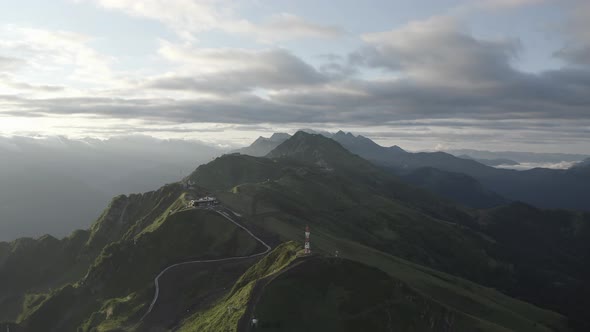 Aerial View Picturesque Mountain Ridge Cloudy Sunny Morning Valley