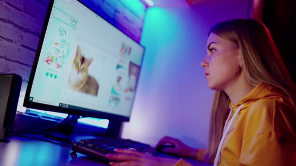 Young Female Student Using a Desktop Computer