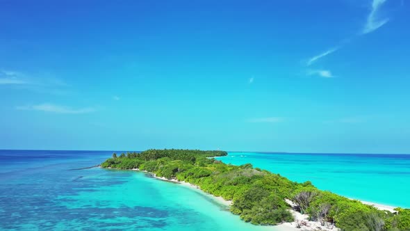 Aerial drone view nature of luxury coastline beach journey by blue ocean with white sand background 