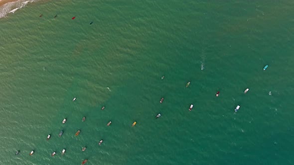 Aerial view of traditional fishing boats moored in the sea of Rio do Fogo.