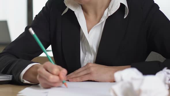 Angry Female Journalist Trying Write Article, Throwing Papers Away, Exhaustion