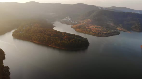 Unique aerial view of awesome Tuyen Lam Lake Da Lat plateau Vietnam forest hill highlands 
