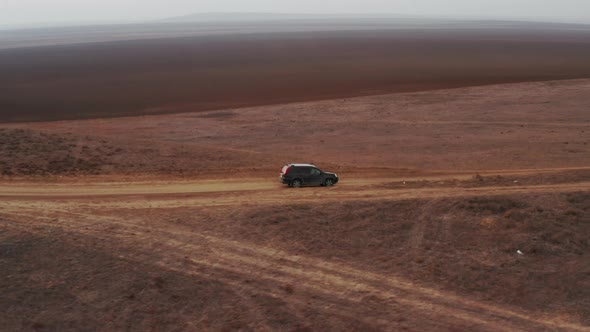 Car Drives Through Desolate Area with Dry Plants