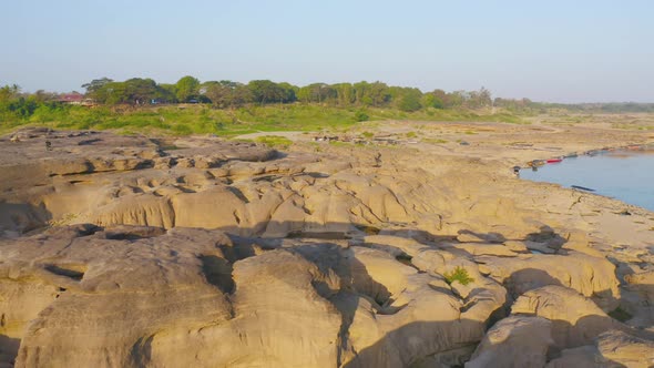 Aerial view of Sam Phan Bok, Ubon Ratchathani, Thailand. Dry rock reef in the Mekong River.