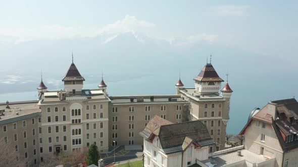 Aerial of the Swiss Hotel Management School, one of the best hospitality schools in the world. Flyin