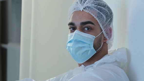 Portrait Arabic Spaniard Doctor Man Surgeon Medical Worker Wears Protective Clothing Uniform Face