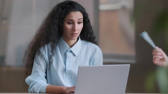 Upset Arabian Businesswoman Worried Executive Worker Hispanic Girl Freelancer Work Online on