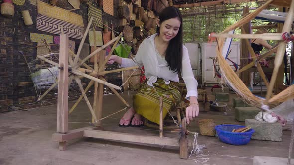 Woman Weavers Removing Knots Of Silk Yarn