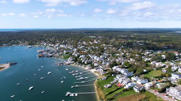 Aerial view of Edgartown Harbor, Martha's Vineyard, Massachusetts, USA At Daytime - drone shot