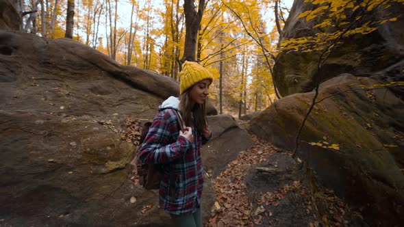 Slow Motion Panoramic View Girl Travels in Woods Ukraine