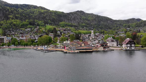 Scenic Aerial View of Mountain Village and Lake, Wolfgangsee, Salzburg, Austria, Alps