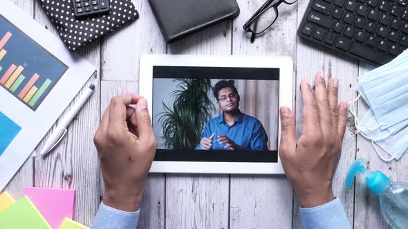 Businessman Working in Video Conference, Close Up.