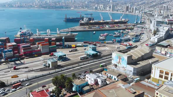 Seaport containers cranes ship (Valparaiso, Chile, Pacific ocean)