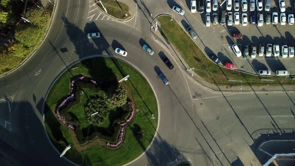 Drones Eye View Traffic Jam Top View Transportation Concept Roundabout Intersection Crossroad Aerial