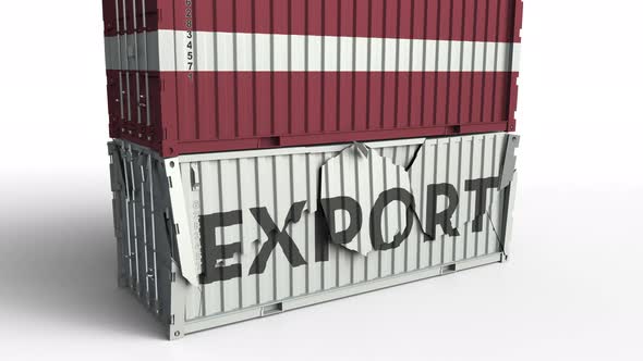 Container with Flag of Latvia Breaks Container with EXPORT Text alt
