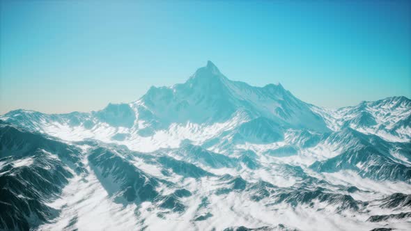 Mountain Winter Caucasus Landscape with White Glaciers and Rocky Peak