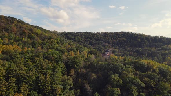 Aerial view of religious shrine on mountainside in western Wisconsin.